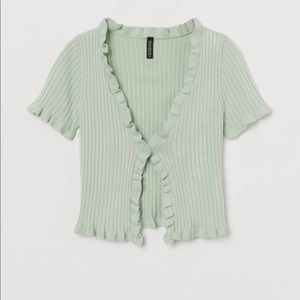 H&M ruffle-trimmed mint-green ribbed cardigan
